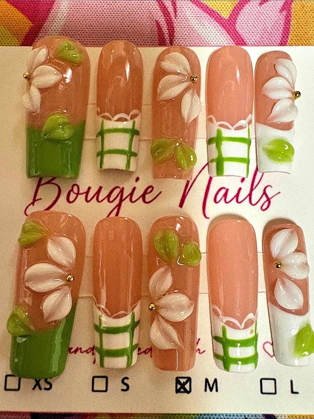 Floral Green & Pink Press-On Nails Medium NWT